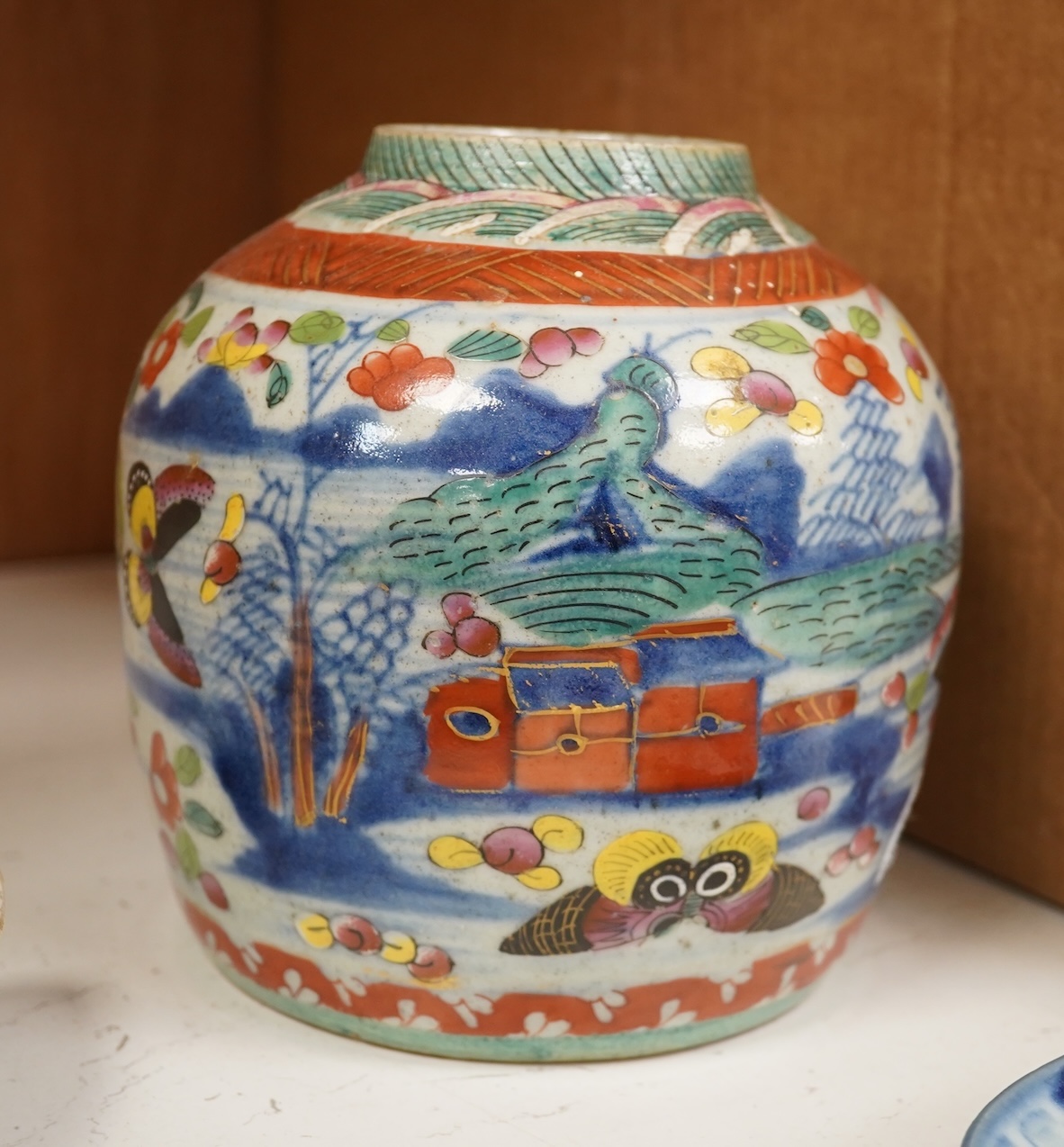 A Chinese famille rose vase, together with a Japanese Imari plate and two others, largest 16cm high. Condition - poor to fair